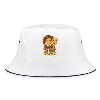 Vintage Sad Girl Hiding Behind Smile Mask - Bucket Hat - white/navy - Front