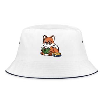 Lesender Fuchs mit Brille und Büchern  - Bucket Hat - Weiß/Navy - Vorne