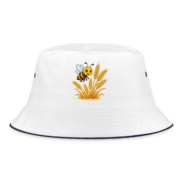 Goldene Ähren Bienen-Motiv - Bucket Hat - Weiß/Navy - Vorne