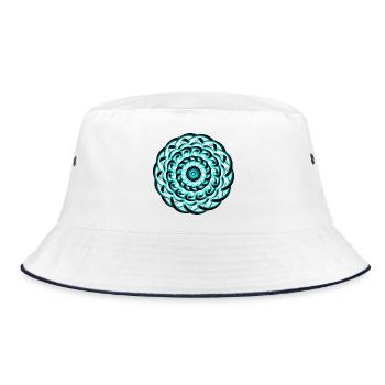 3D Strudel Mandala - Türkises Wellen Ornament - Bucket Hat - Weiß/Navy - Vorne