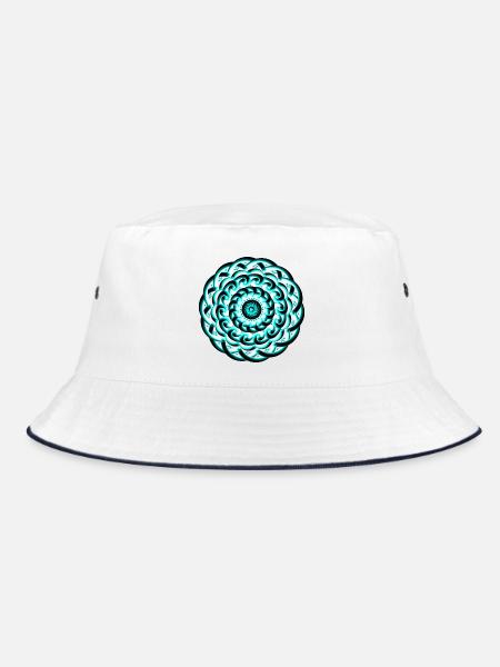 3D Strudel Mandala - Türkises Wellen Ornament - Bucket Hat - Weiß/Navy