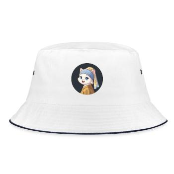 Mädchen mit dem Perlenohrring Katze - Bucket Hat - Weiß/Navy - Vorne