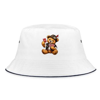 Teddybär Kartenspieler - Geschenk für Spielfreunde - Bucket Hat - Weiß/Navy - Vorne