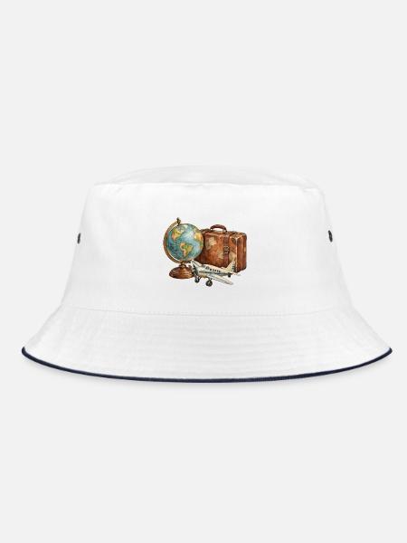 Vintage Reiseglobe Koffer - Bucket Hat - Weiß/Navy