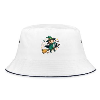 Süße Hexe, die auf einem Besen fliegt, mit schwarzer Katze - Bucket Hat - Weiß/Navy - Vorne