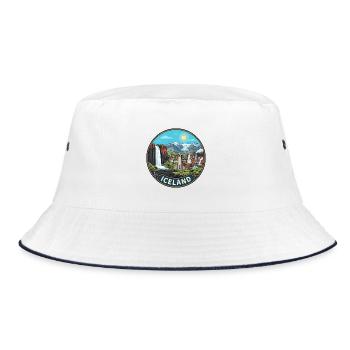 Island-Reiseabzeichen Skogafoss-Wasserfallvulkan - Bucket Hat - Weiß/Navy - Vorne