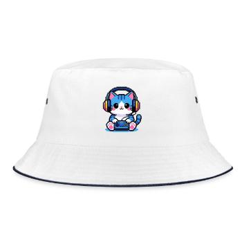 8-Bit Gamer Cat — Retro-Pixelkunst - Bucket Hat - Weiß/Navy - Vorne