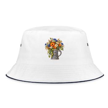 Bierkrug mit Blumen & Hopfen – Volksfest - Bucket Hat - Weiß/Navy - Vorne