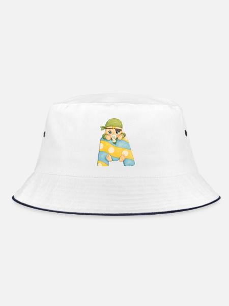 M - Buchstabe: Baby im bunten Patchwork-Schal - Bucket Hat - Weiß/Navy