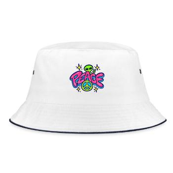 Peace Alien – Retro Neon Friedenszeichen - Bucket Hat - Weiß/Navy - Vorne