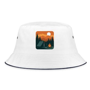 Lagerfeuermodus. – Scenic Poster Stil mit Zelt. - Bucket Hat - Weiß/Navy - Vorne
