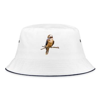 Lachender Hans Kookaburra Vogel Vektor Grafik - Bucket Hat - Weiß/Navy - Vorne