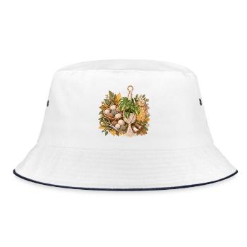 Herbstmakramee mit Garnknäueln und Blätter - Bucket Hat - Weiß/Navy - Vorne