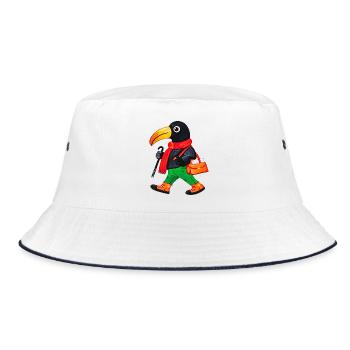 Wandelnde Krähe im roten Schal - Bucket Hat - Weiß/Navy - Vorne