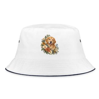 Golden Retriever im Wildblumenkranz - Bucket Hat - Weiß/Navy - Vorne