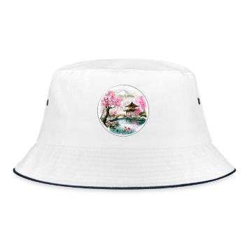 Japanischer Teich im Kirschblüten-Pavillon - Bucket Hat - Weiß/Navy - Vorne