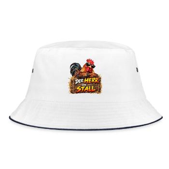 Der Herr im Stall – peppiger Hahn - Bucket Hat - Weiß/Navy - Vorne