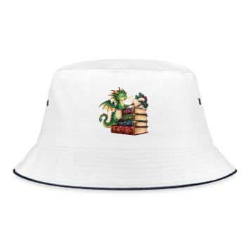 Drachenlesezauber auf Bücherstapel - Bucket Hat - Weiß/Navy - Vorne