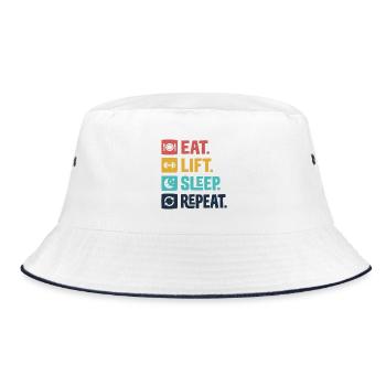 Essen, heben, schlafen, wiederholen - Bucket Hat - Weiß/Navy - Vorne