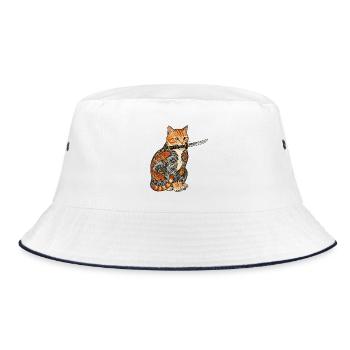 Tattoo Katze mit Messer - Bucket Hat - Weiß/Navy - Vorne