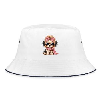 Pudelchen mit Rosa Schleife und Brille - Bucket Hat - Weiß/Navy - Vorne