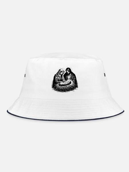 Maria und Josef betrachten den neugeborenen Jesus - Bucket Hat - Weiß/Navy