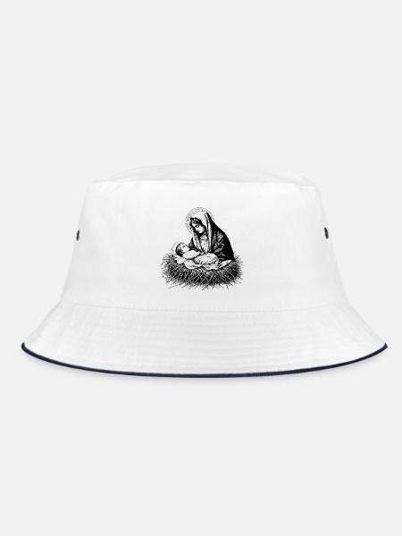 Maria betrachtet den neugeborenen Jesus - Bucket Hat - Weiß/Navy