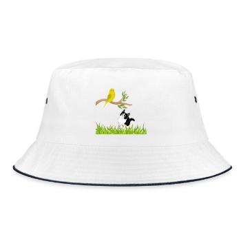 Sonniger Singvogel und Neugierige Katze - Bucket Hat - Weiß/Navy - Vorne