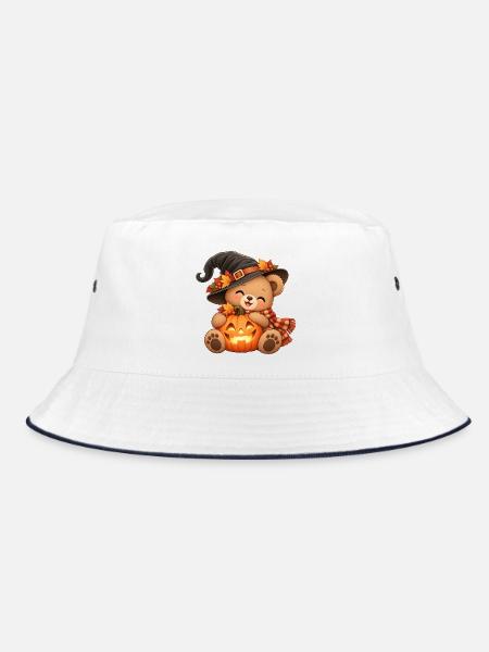 Halloween-Teddy mit Kürbis - Bucket Hat - Weiß/Navy