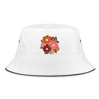 Retro Blumen – Flower Power in Orange und Rosa - Bucket Hat - Weiß/Navy - Vorne