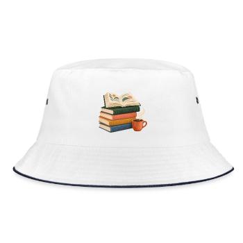 Bücherstapel Morgenkaffee - Bucket Hat - Weiß/Navy - Vorne