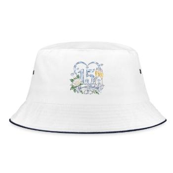 15.Hochzeitstag , 15 Jahre Gläserne Hochzeit - Bucket Hat - Weiß/Navy - Vorne