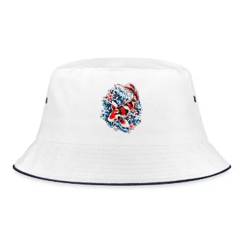 Japanische Koi zwischen Wellen und Blumen - Bucket Hat - Weiß/Navy - Vorne