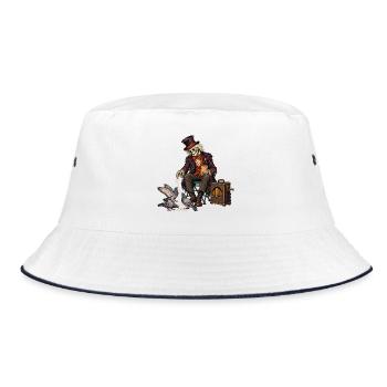 Skelett im Hut füttert Tauben - Bucket Hat - Weiß/Navy - Vorne