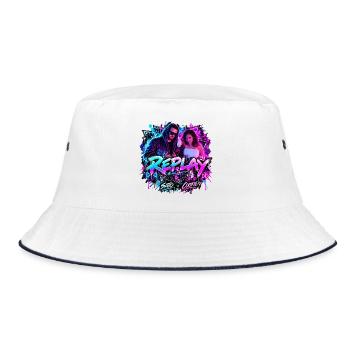 REPLAY – SATO x COOKIE | Neon Streetwear - Bucket Hat - Weiß/Navy - Vorne