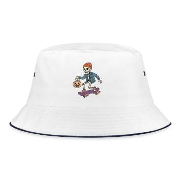 Skelett auf einem Skateboard – Halloween - Bucket Hat - Weiß/Navy - Vorne