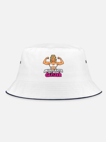 Damen Fitness Outfit - Muskelkater - Bucket Hat - Weiß/Navy
