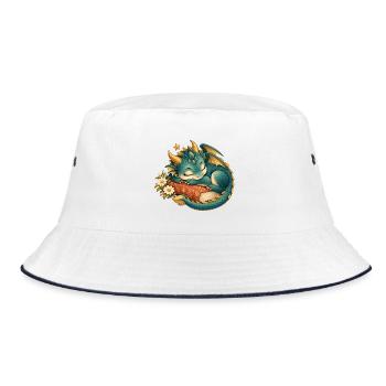 Schlafender Drache zwischen Buch und Blumen - Bucket Hat - Weiß/Navy - Vorne