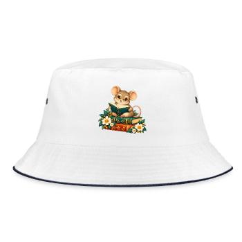 Lesermaus zwischen Büchern und Blumen - Bucket Hat - Weiß/Navy - Vorne