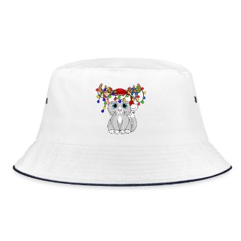 Weihnachtskatze mit Lichterkette - Bucket Hat - Weiß/Navy - Vorne