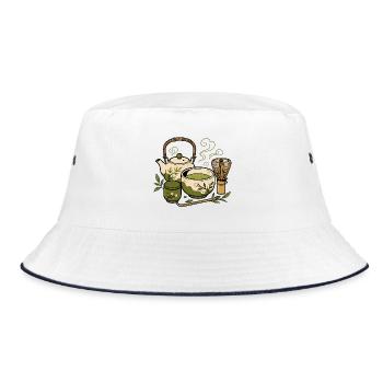 Japanisches Tee Set Matcha Besen Zen Vektor Shirt - Bucket Hat - Weiß/Navy - Vorne