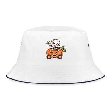 Lustiges Skelett im Kürbisauto – Halloween - Bucket Hat - Weiß/Navy - Vorne