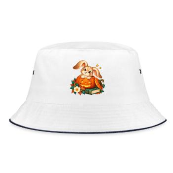Festliches Kaninchen zwischen Kürbis und Buch - Bucket Hat - Weiß/Navy - Vorne