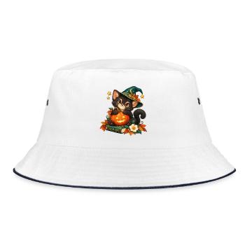 Halloween-Katze mit verzaubertem Kürbis - Bucket Hat - Weiß/Navy - Vorne