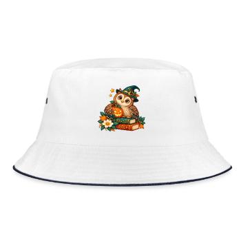 Halloween-Eule zwischen Büchern und Kürbis - Bucket Hat - Weiß/Navy - Vorne