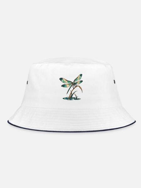 Libelle über stillem Wasser - Bucket Hat - Weiß/Navy