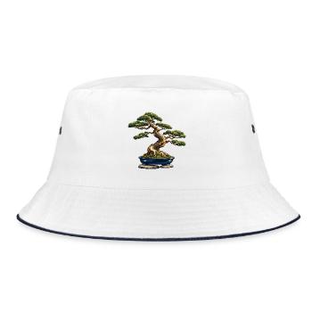 Windgepeitschter Bonsai in einem Indigo-Topf - Bucket Hat - Weiß/Navy - Vorne