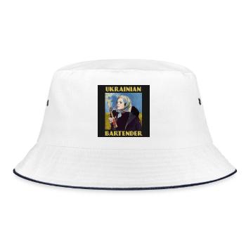 Porträt eines ukrainischen Barkeepers mit Molotowcocktail - Bucket Hat - Weiß/Navy - Vorne