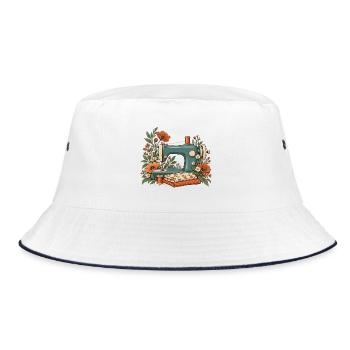 Nähmaschine mit Blumen - Vintage Nähen - Bucket Hat - Weiß/Navy - Vorne