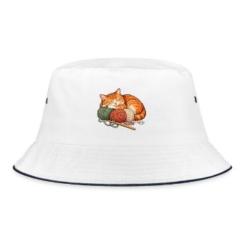 Häkeln und Katzen - Katze mit Wollknäueln - Bucket Hat - Weiß/Navy - Vorne